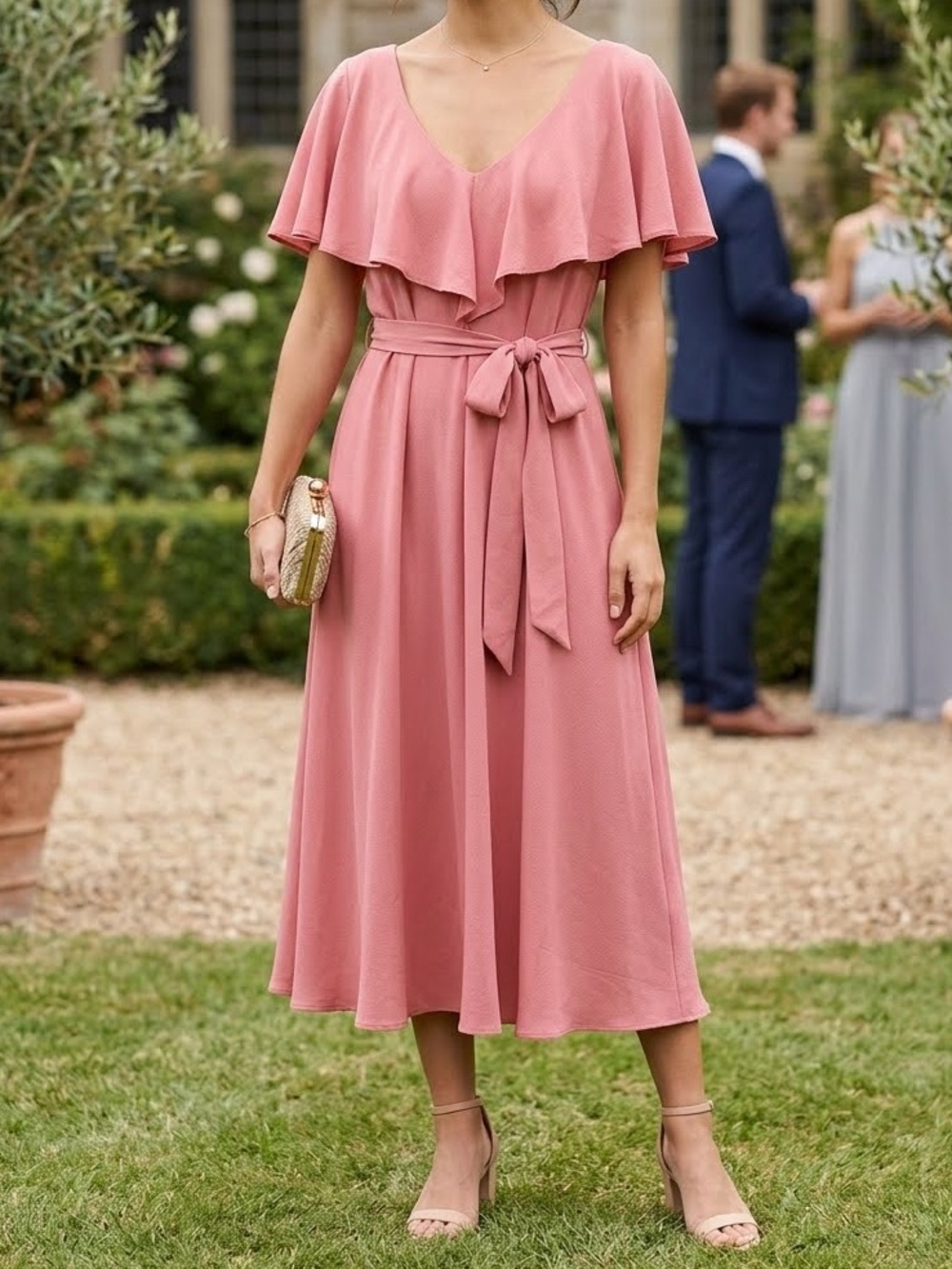 Lauren Ralph Lauren Dress Pink Rose Ruffle Midi Lined Flutter Sleeve sz 12 NWT